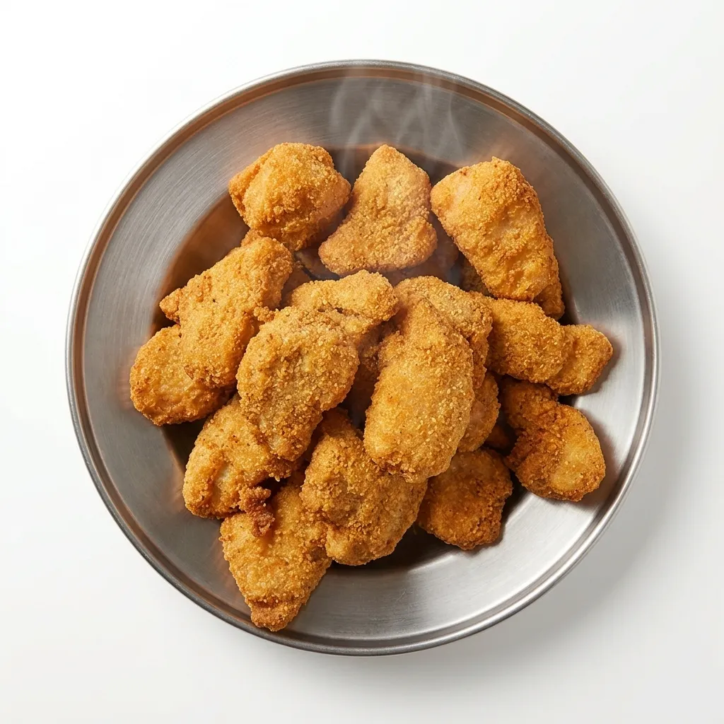 Crispy breaded veal (dry) pieces on a steel plate
