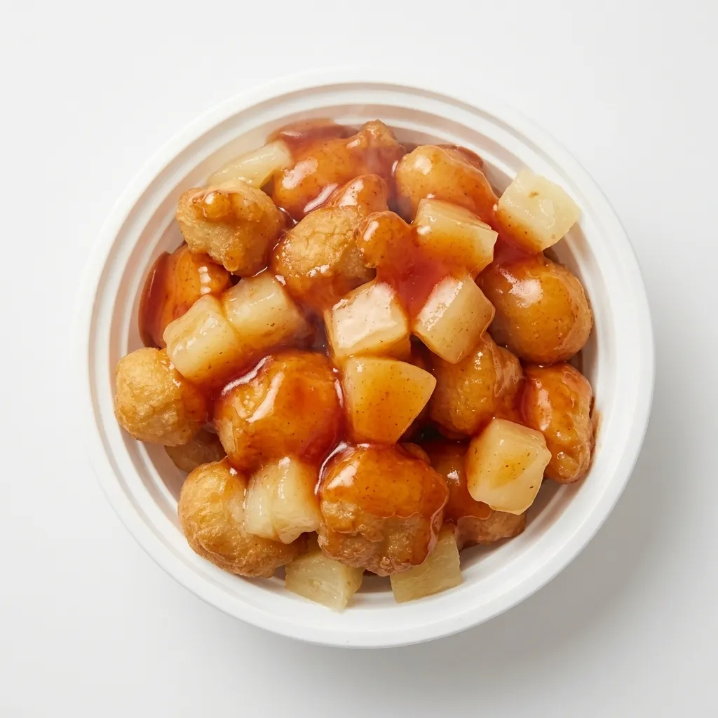 Chicken balls with pineapple in sweet and sour sauce in a white bowl