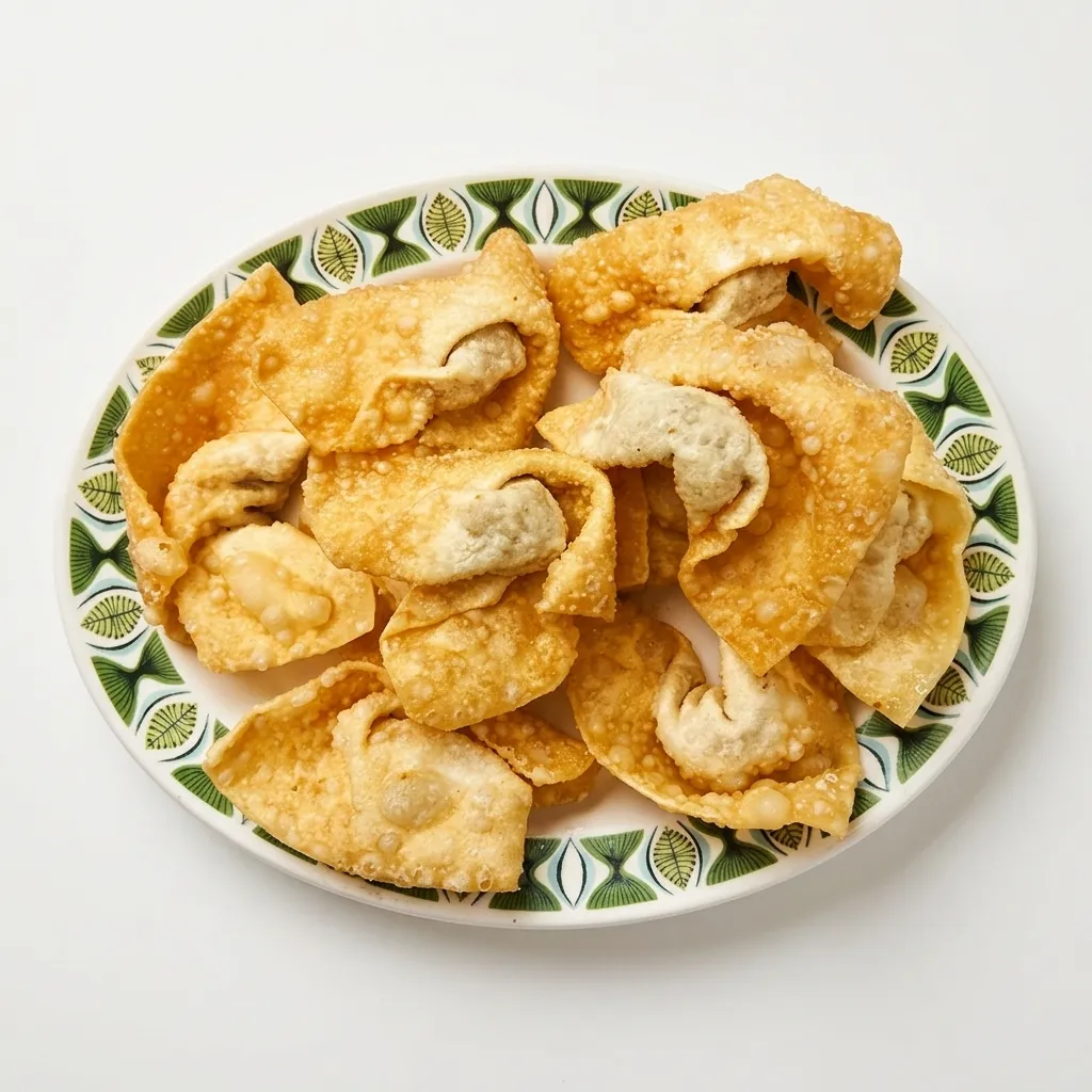 Crispy fried dry wontons on a patterned plate