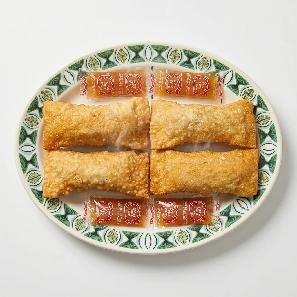 Four egg rolls with plum sauce packets on a patterned plate