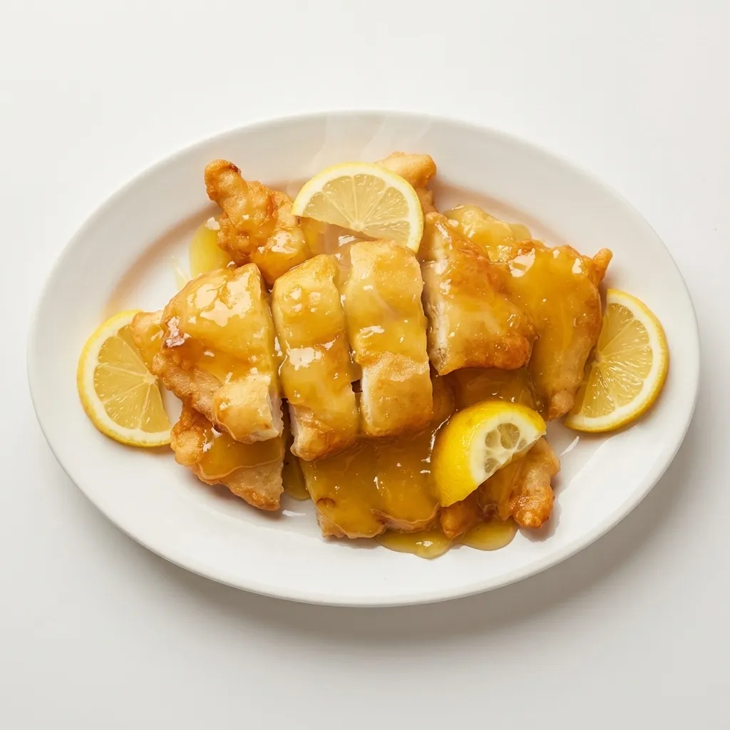 Sliced lemon chicken in lemon sauce with lemon slices on a white plate